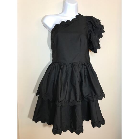 Entro Black One Shoulder Scallop Tiered Mini Dress Romper S Party Fit and Flare - Picture 4 of 13